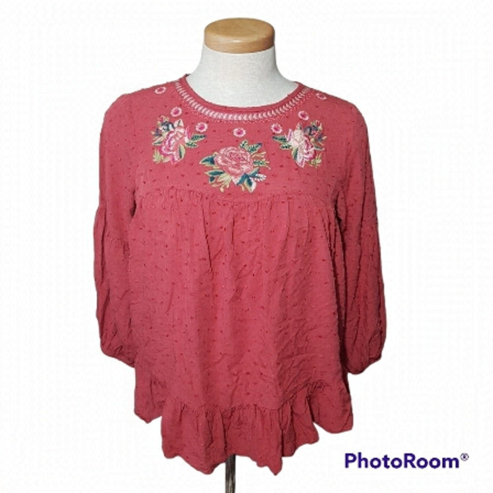 Solitaire Embroidered Swiss Dot Long Sleeved Blouse With Ruffle Hem